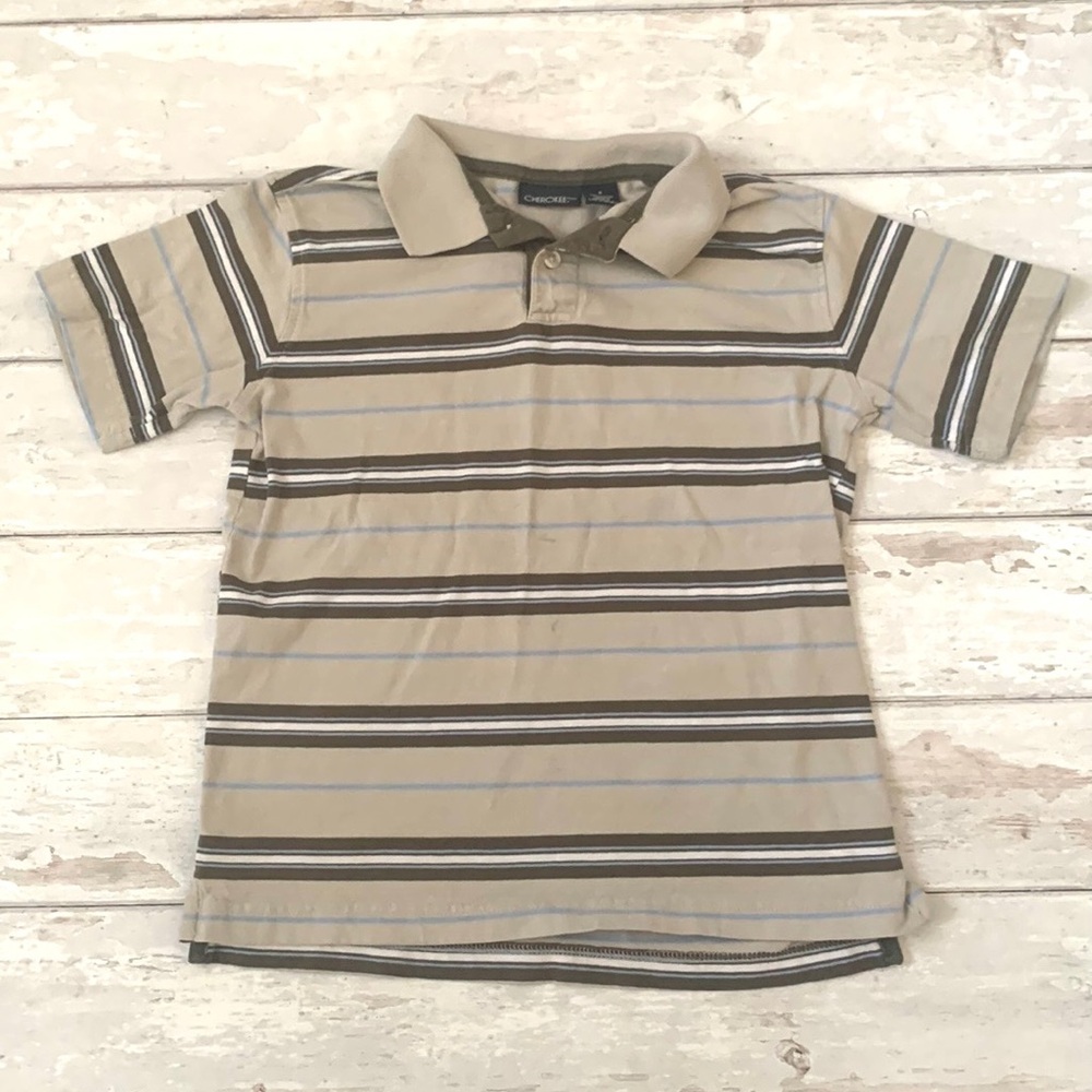 Cherokee 6/7 Boys Polo Shirt Short Sleeves Tan Brown Stripes Size 6 7